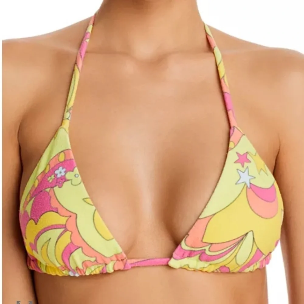 New! Frankie's Bikinis Tia Peace Terry Yellow Pink Patterned Bikini 1067